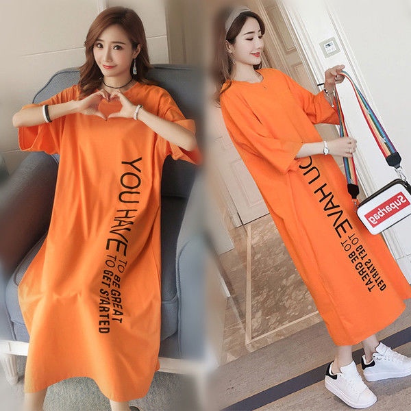 Đầm Dài Qua Gối Tay Ngắn Dáng Rộng In Chữ Thời Trang Mùa Hè Xinh Xắn Cho Nữ