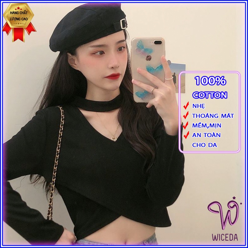 Áo croptop dài tay cổ tim đắp chéo đẹp , áo kiểu xinh chất len tăm cotton 2 màu đen trắng Wiceda 421