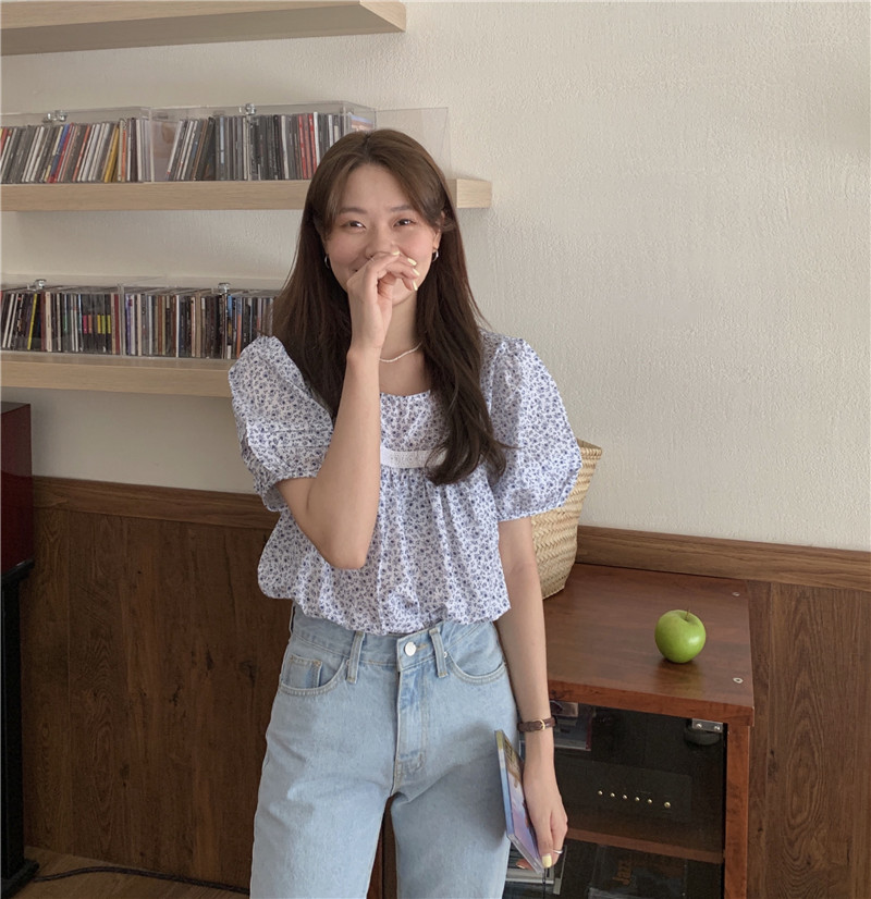 SUXI Áo Crop Top Nữ Tay Phồng Cổ Tròn Thời Trang