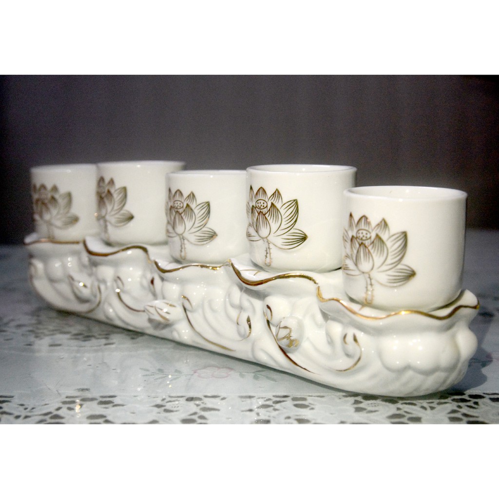 Án năm -Bộ năm ly Nước thờ Cúng hoa sen trắng