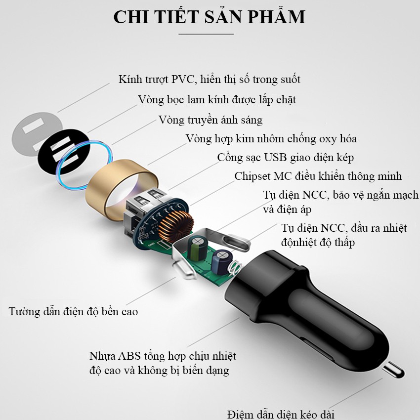 Tẩu Sạc Ô Tô, Tẩu Sạc 12-24 Với 2 Cổng USB Tích Hợp Màn Hình Hiển Thị LCD COCA.T