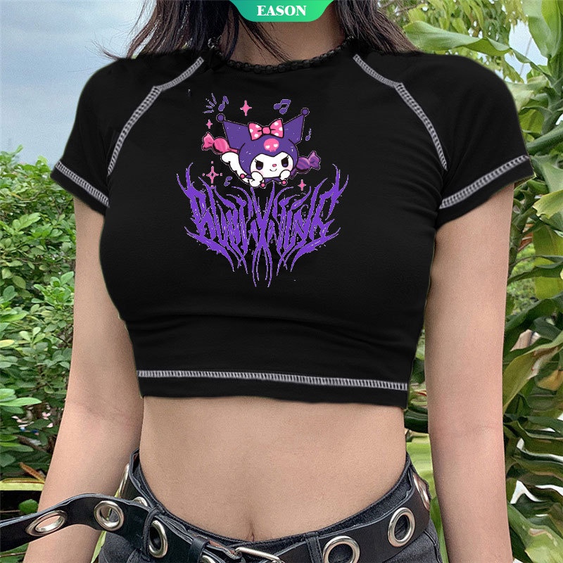 Áo Thun crop top Tay Ngắn Cổ Tròn In Hình Cầu Vồng Kuromi 2021 Thời Trang Mùa Xuân Cho Nữ