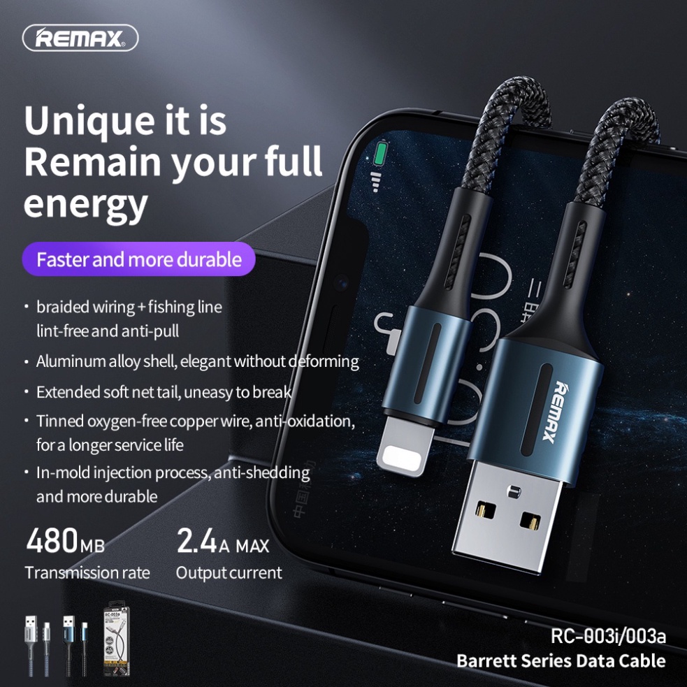 Cáp Sạc Type C Chính Hãng Remax RC-003a Dùng Cho Điện Thoại Có Cổng Type C Dòng Sạc Tối Đa 2.4A Truyền Dữ Liệu Dài 1M
