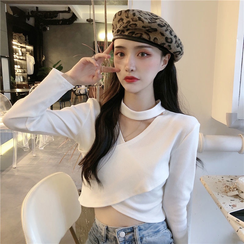 Áo Sweater tay dài ôm dáng cổ yếm đan dây chéo thiết kế mới phong cách Hàn Quốc