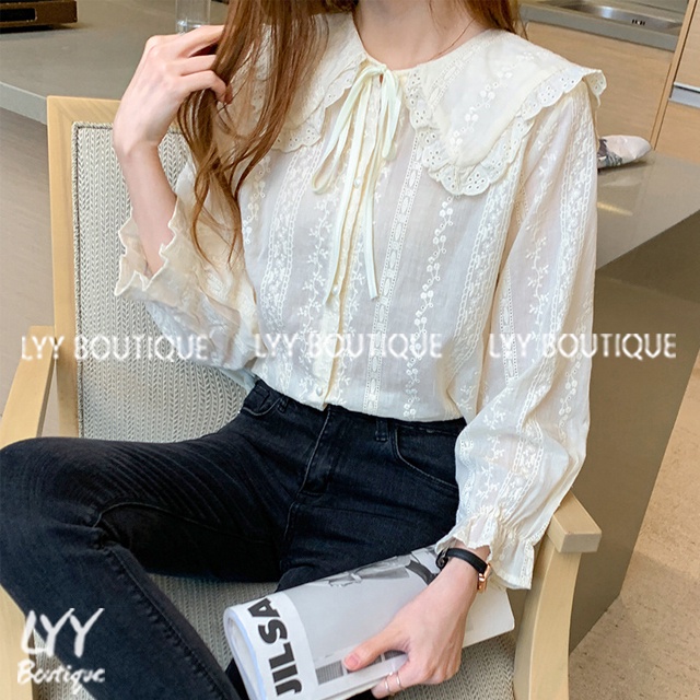 Áo sơ mi nữ cổ bèo búp bê THÊU HOA Nhật Bản, Áo sơmi siêu xinh hàng Quảng Châu LYY BOUTIQUE