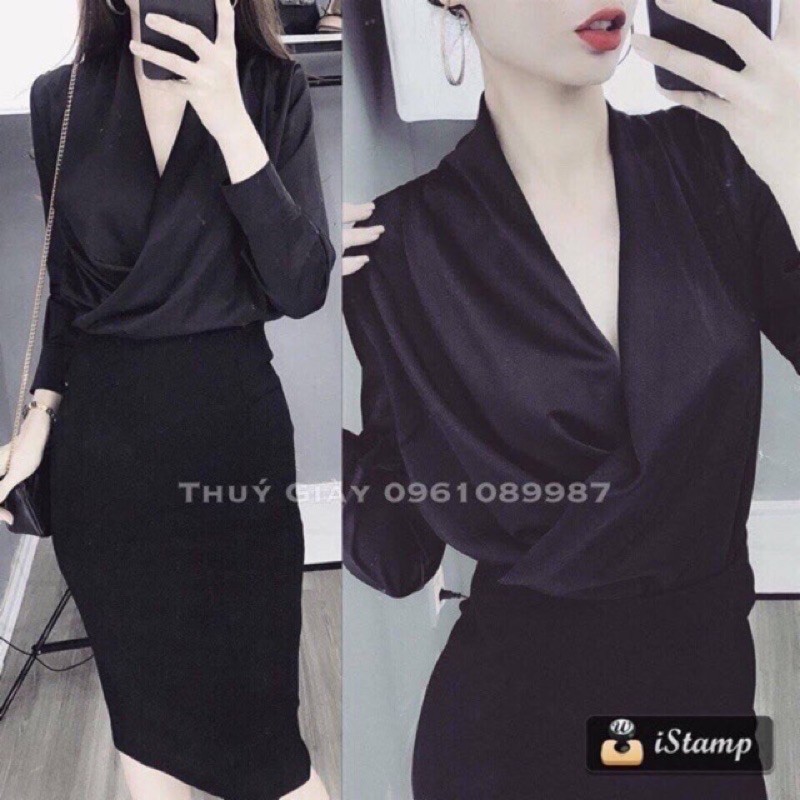 BÁN SỈ ÁO LỤA CỔ V ĐEN VÀNG CHO NỮ