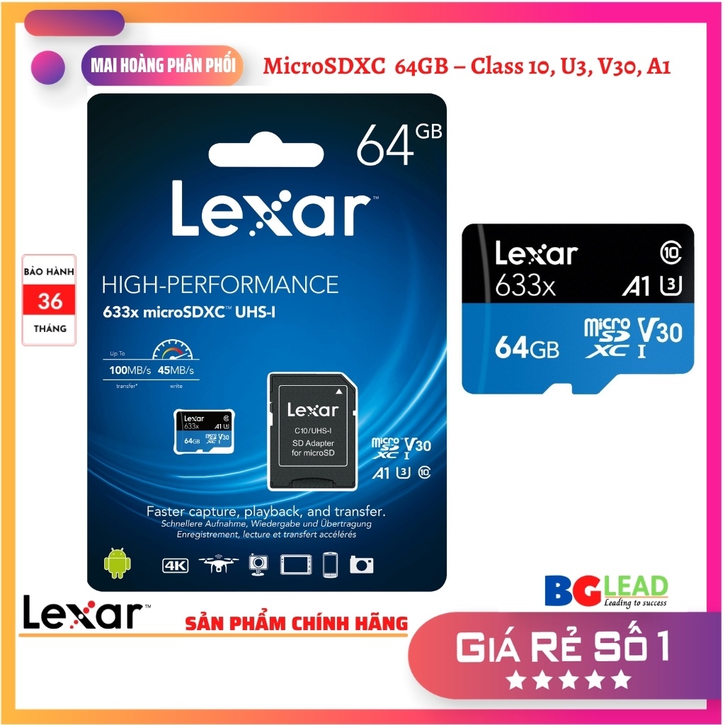 Thẻ nhớ MicroSDXC  64GB – Class 10, U3, V30, A1 - Có Adapter chuyển SD