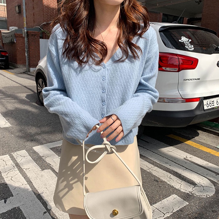 Áo khoác cardigan IHKKE dệt kim tay dài cổ chữ V phong cách Hàn Quốc thời trang cho nữ