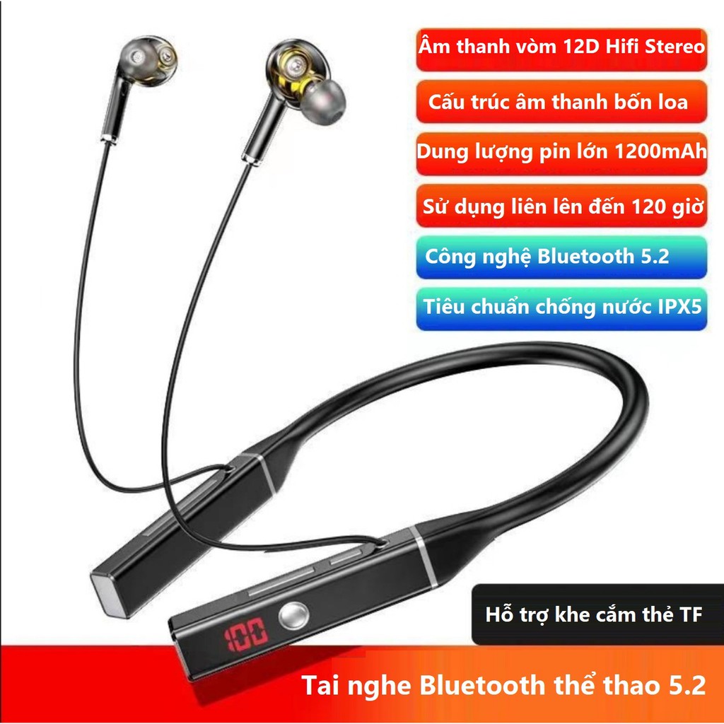 Tai nghe Bluetooth 5.2 Pin 1000 mAh nghe nhạc và đàm thoại 120 giờ, âm thanh vòm 12D  ,Bass siêu mạnh , khe cắm thẻ nhớ