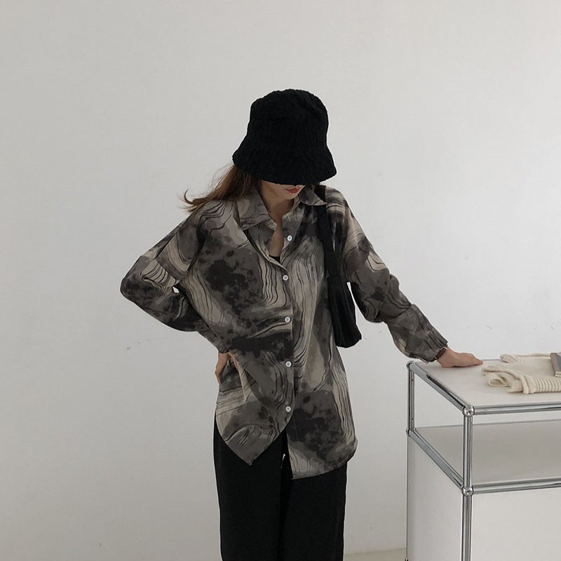 Áo sơ mi XIAOZHAINV vải voan tay dài dáng rộng họa tiết phong cách vintage cổ điển