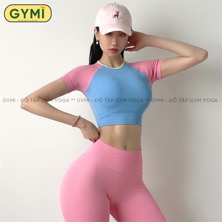 Set bộ đồ tập gym yoga nữ GYMI SET27 gồm áo croptop ngắn tay và quần legging cạp cao nâng mông chất dệt co giãn