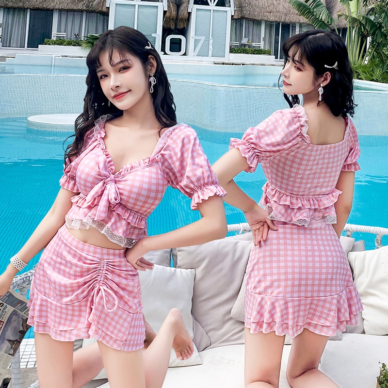 Bộ đồ bơi nữ bikini croptop caro hồng phối ren siêu xinh tôn dáng năng động
