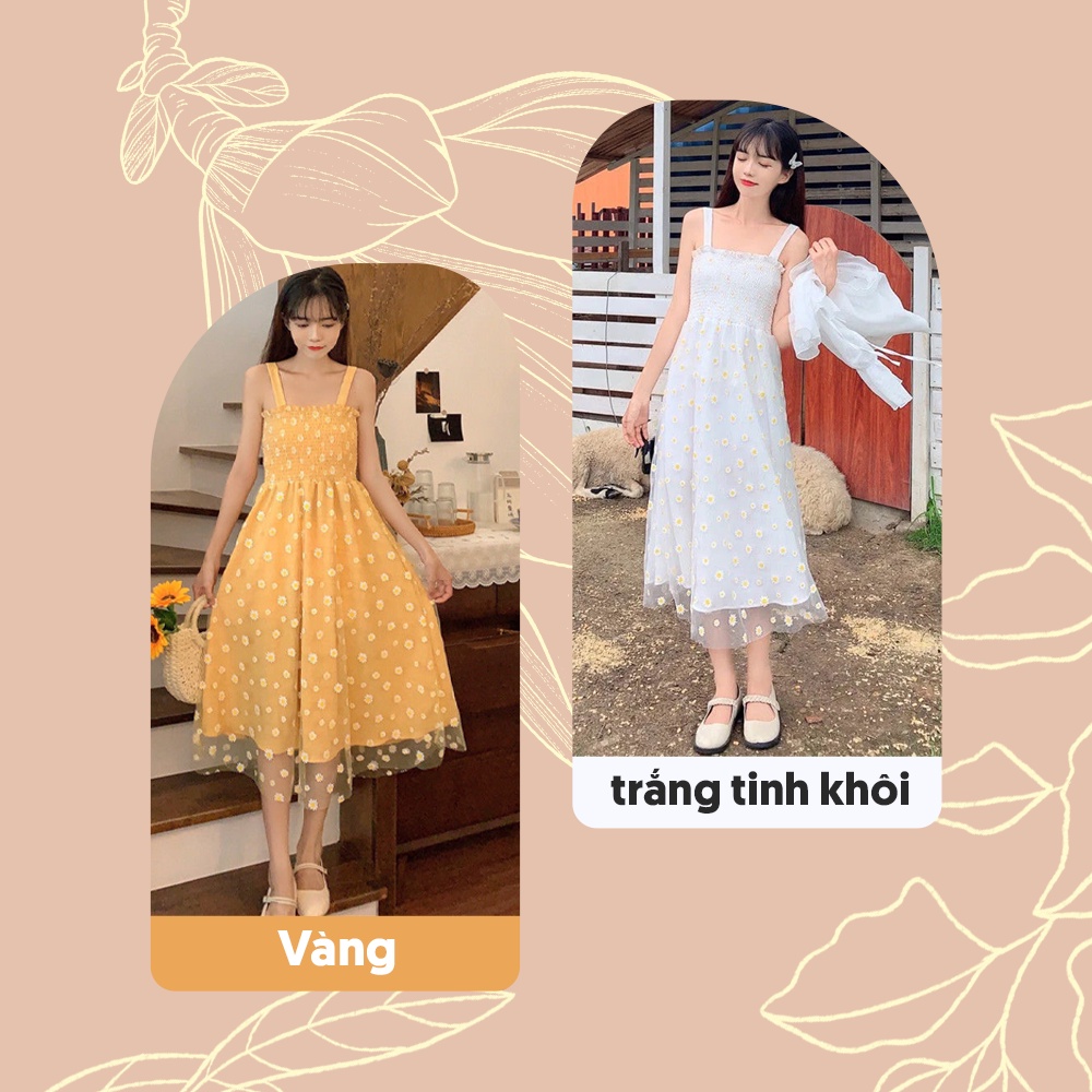 (SẴN) Váy / Đầm 2 dây xòe lưới dáng dài mix áo khoác Cardigan mỏng họa tiết hoa cúc dễ thương V00198 | BigBuy360 - bigbuy360.vn