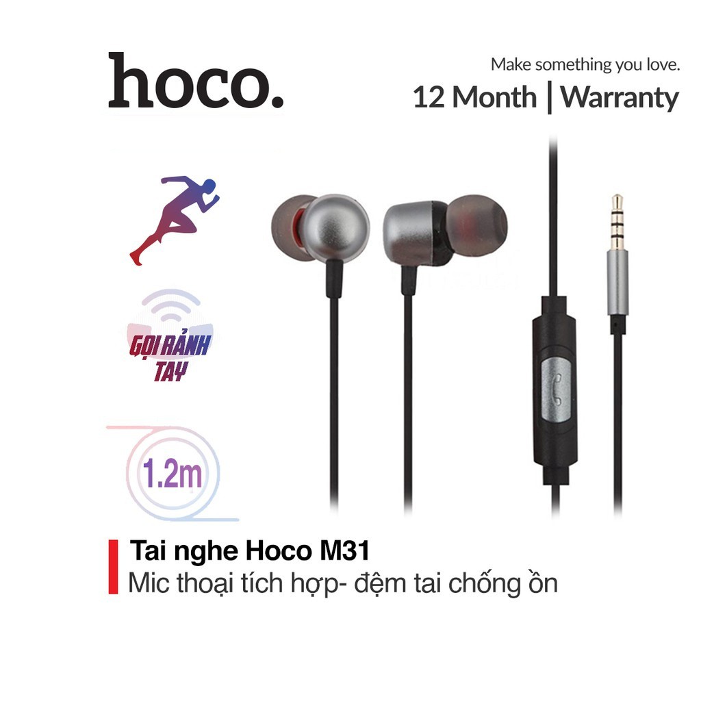 Tai nghe nhét tai jack 3.5mm Hoco M31 đệm tai chống ồn tích hợp mic thoại trên dây dài 1.2M cho iOs và Android