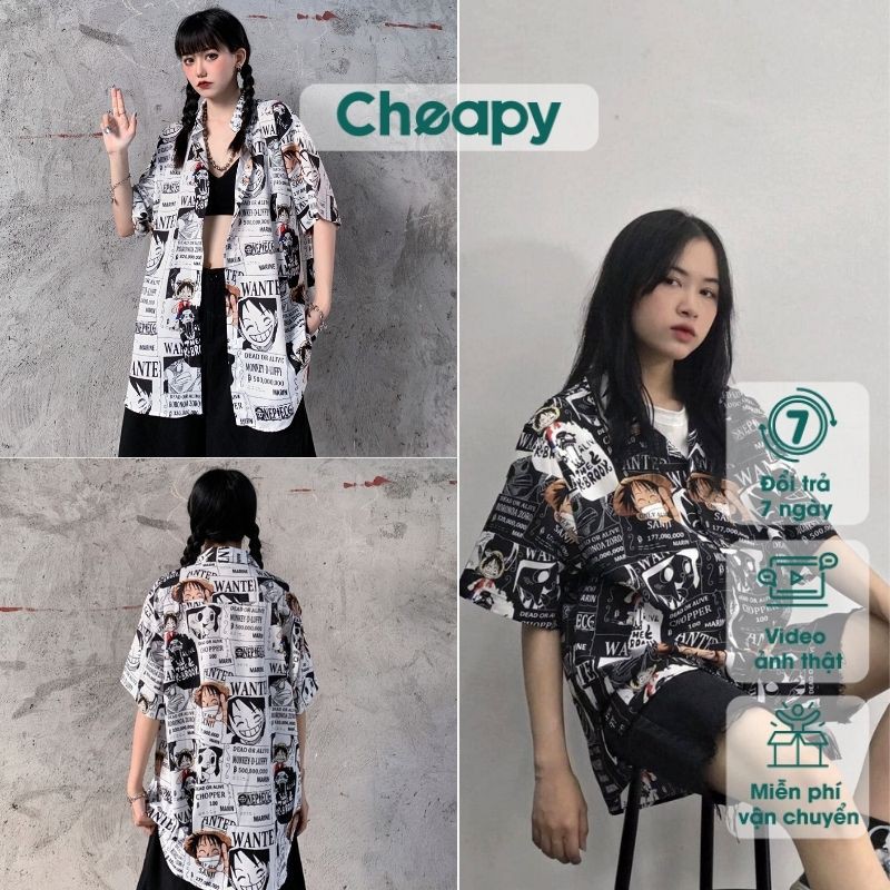 Áo sơ mi tay ngắn unisex Cheapy vải thô mềm cá tính form rộng họa tiết hoạt hình ONE PIECE thời trang nữ C47