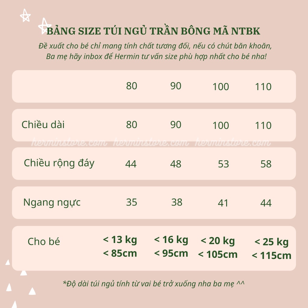 Túi ngủ cho bé mùa đông trần bông tinh khiết giữ ấm thay chăn cho bé