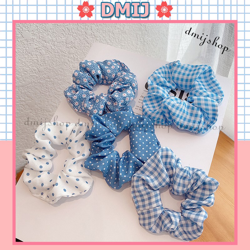 Cột Tóc Vải Scrunchies Họa Tiết Xanh Thiên Thanh, Dây Buộc Tóc Scrunchies Mới