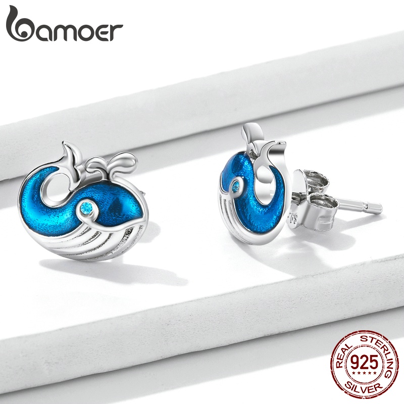 Đôi hoa tai BAMOER BSE584 bạc 925 hình cá voi xanh thời trang cho nữ