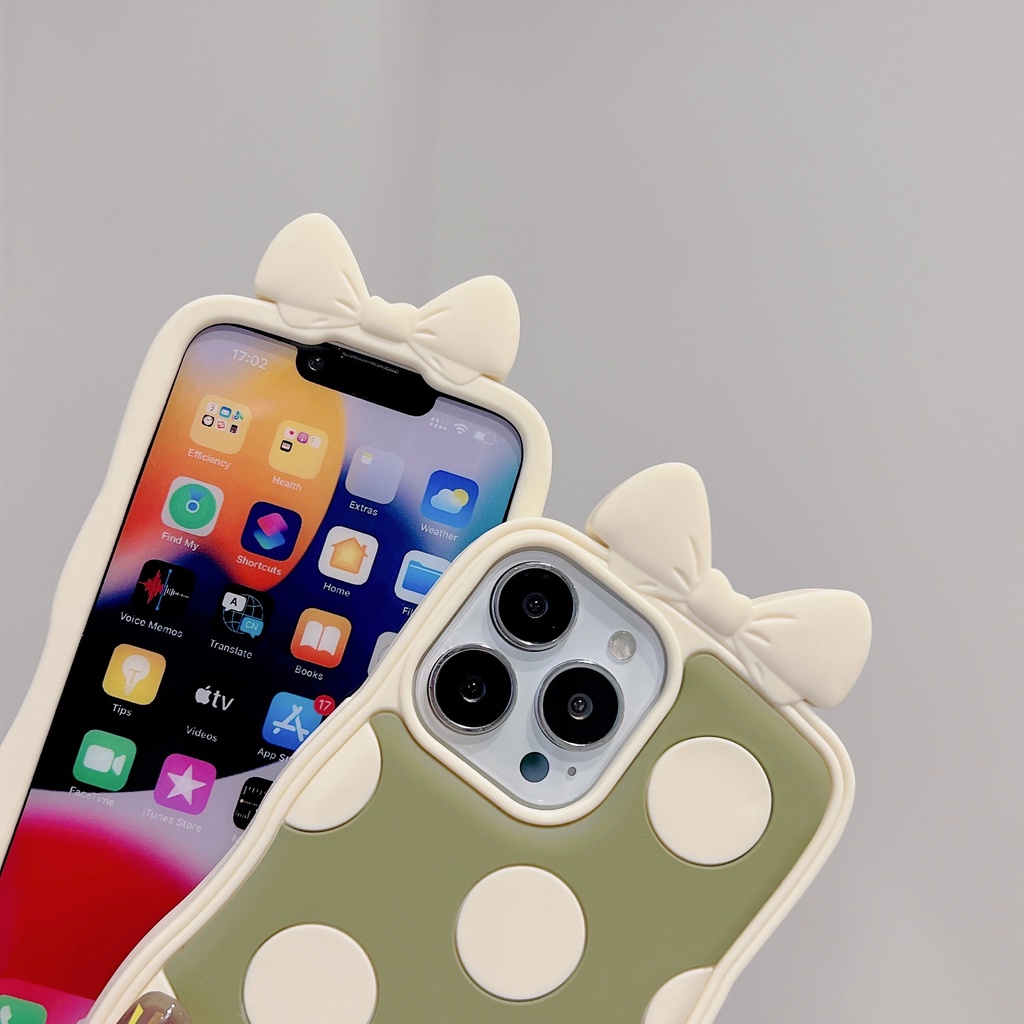 Ốp Điện Thoại Silicon Mềm Chống Sốc Họa Tiết Chấm Bi Phối Nơ Màu Xanh Lá Cho 11 xs max 7P / 8 Plus / 12pro / 13 / pro max