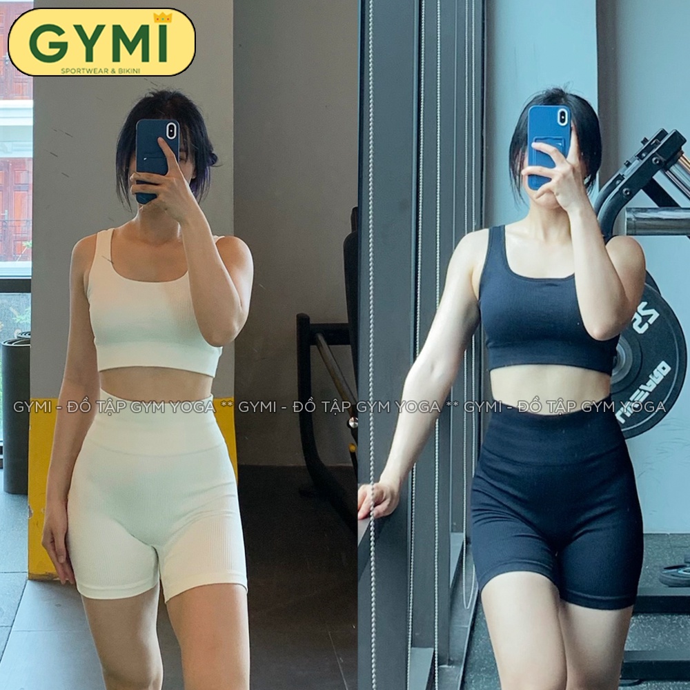 Set bộ đồ quần áo tập gym yoga SET35 GYMI gồm áo bra cổ V hoặc cổ U và quần shorts thể thao chất dệt vân tăm
