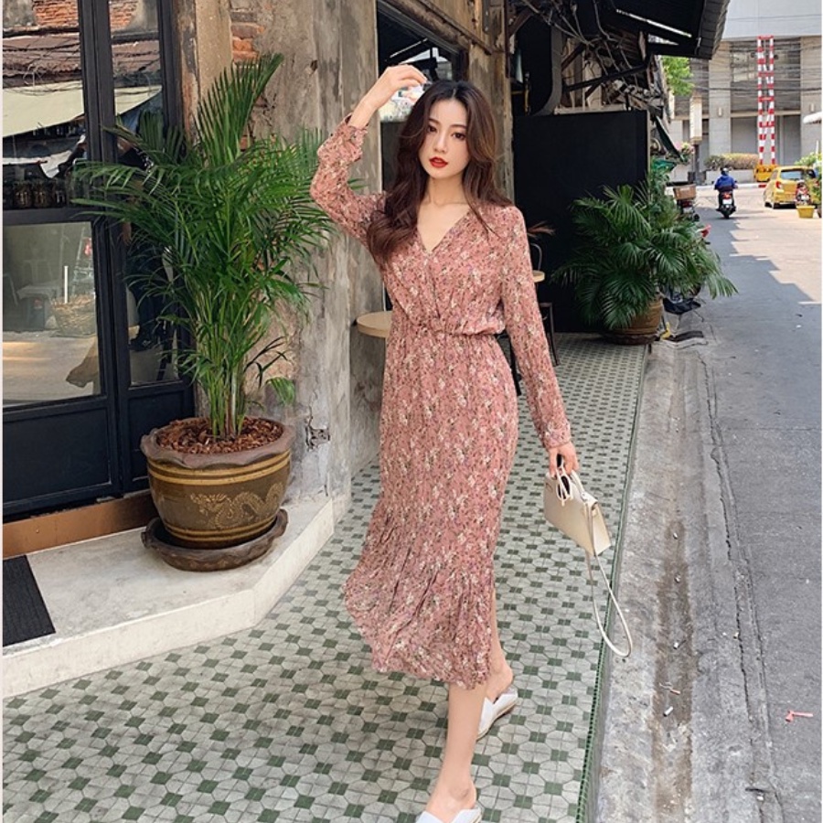 Đầm hoa bi tay dài màu hồng HDT172 Hỉn Hỉn Store