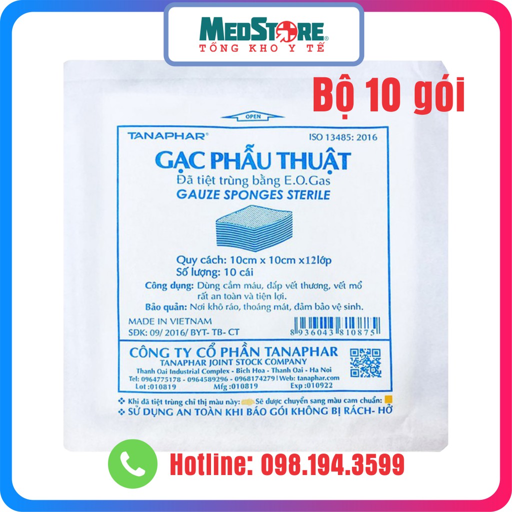 Gạc phẫu thuật tiệt trùng Tanaphar 8 lớp 10x10x8 (bịch 10 gói 10 miếng)