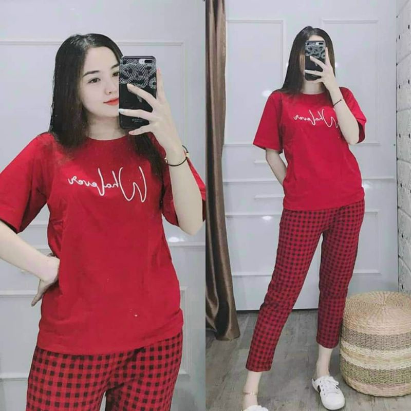 HARA(42-70KG) Bộ dài nữ cotton quần sọc, áo logo thêu chữ