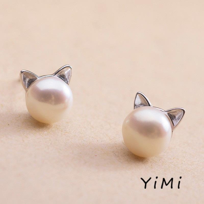 Bông Tai Bạc 925 Hình Tai Mèo Đính Ngọc Trai Dễ Thương Cho Nữ