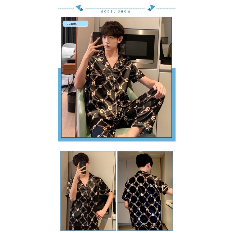 Pijama Đồ Mặc Nhà Nam Áo Cộc Quần Dài Bigbang Luxury Chất Lụa Phi Bóng