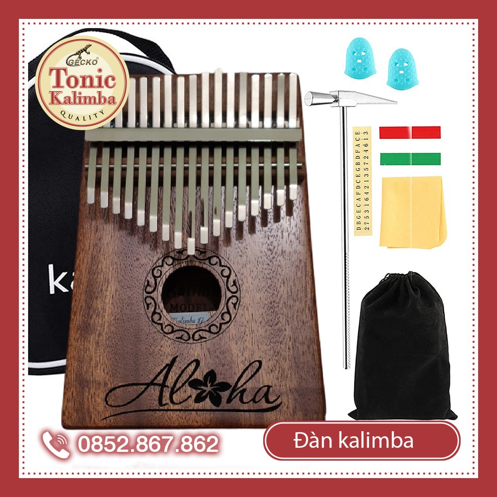 Kalimba 17 phím gỗ mahagony phủ sơn bóng cao cấp khắc chữ Aloha KLALO00017- Tặng túi nhung, đầy đủ phụ kiện