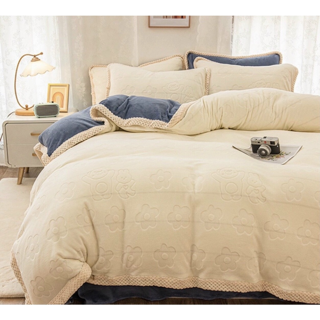 SÉT 4 MÓN NỈ NHUNG GẤU HOA VIỀN DỆT THỪNG,CHẤT NHUNG MỊN IN GẤU CHÌM CAO CẤP  - loại 1