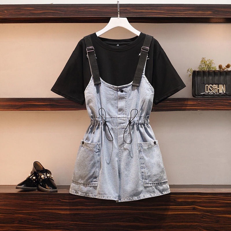 Bộ Áo Thun Ngắn Tay Dáng Rộng Phối Quần Yếm Denim Mỏng Thời Trang Mùa Hè Cho Nữ 2022