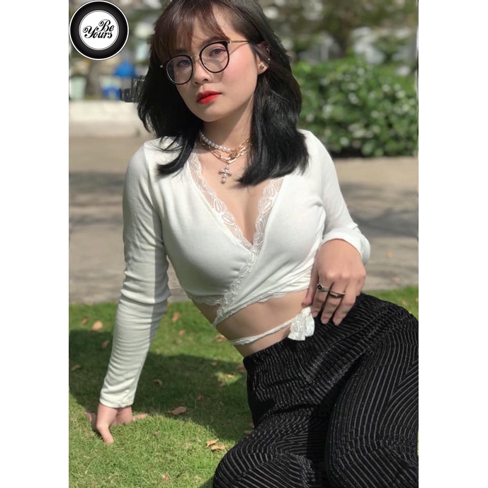 Áo Croptop Dài Tay Cột Dây Quanh Eo Bigsize Dưới 80Kg Viền Ren Chất Thun Cotton "REN"
