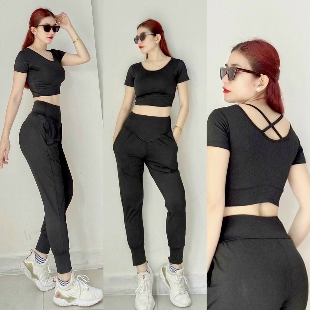 Đồ Tập GYM, Yoga Nữ, Bộ Quần Dài Áo Thun, Quần al.iba.ba  Kèm Mút Cao Cấp ODERI MS03