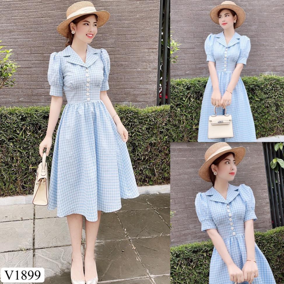 Váy xanh kẻ xòe V1899 - ĐẸP SHOP DVC ( Ảnh mẫu và ảnh trải sàn do shop tự chụp ) 👗 *