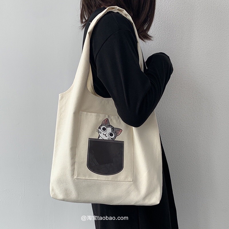 Túi Tote Vải Bố Đeo Vai Cho Nữ, Túi Canvas Phong Cách Nhật Bản, Kiểu Dáng Thời Trang Khổ A4