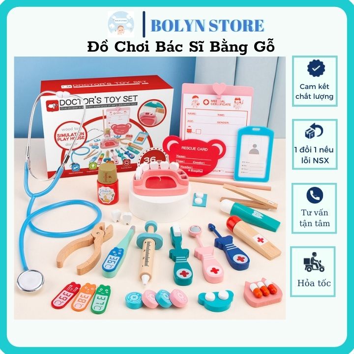 Bộ đồ chơi bác sĩ bằng gỗ cho bé tai nghe được nhịp tim thật, chất liệu gỗ an toàn shop BOLYN