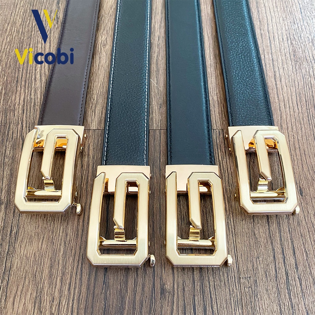 Thắt lưng Nam Da Bò chữ G khóa tự động Vicobi GVV , Dây lưng 3,5cm mặt khóa Vàng hợp kim, made in VietNam