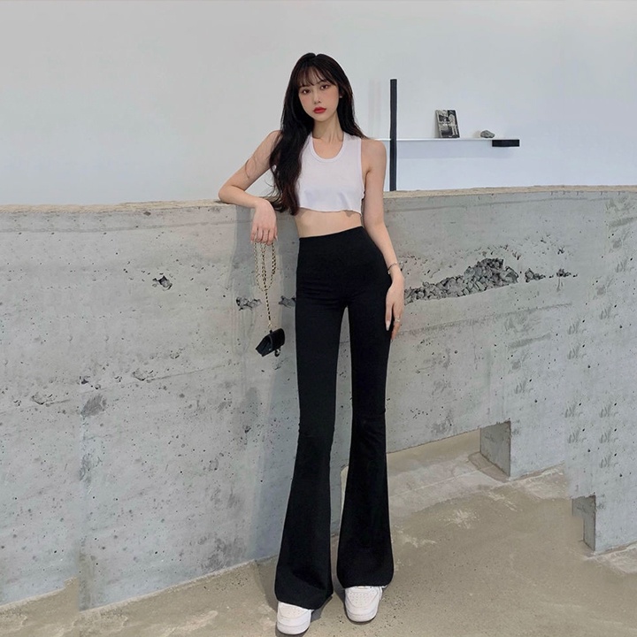Quần legging nữ Ladya ống loe cạp cao vải thun cotton dày dặn màu đen dáng dài chuẩn form tôn dáng