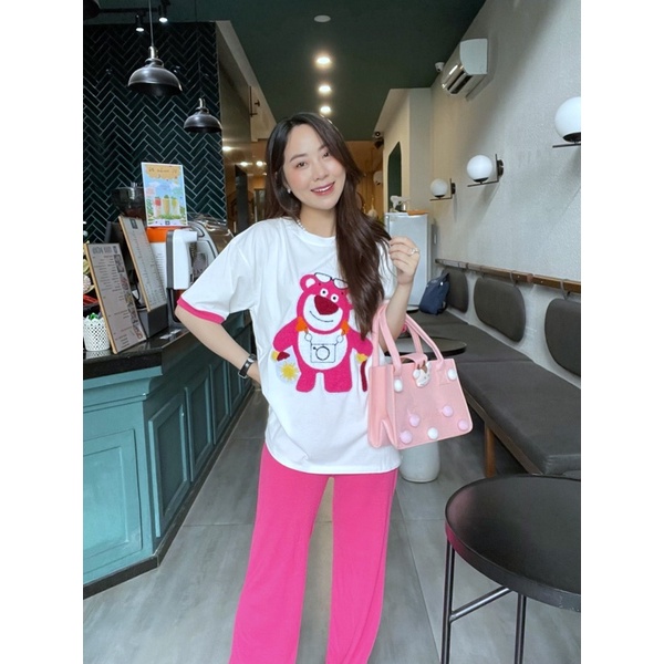 Set áo cotton gấu hồng thêu quần suông hình thật K3