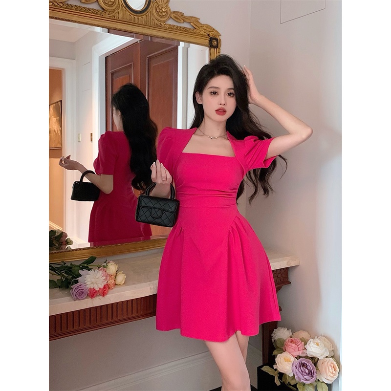 Đầm Chữ a Cổ Vuông Màu Đỏ Hồng Phong Cách Hàn Quốc Mới