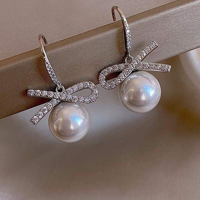 Bông tai bạc Bông nơ gắn đá trắng nhỏ Van Jewelry V10439 treo Ngọc trai nhân tạo xinh xắn