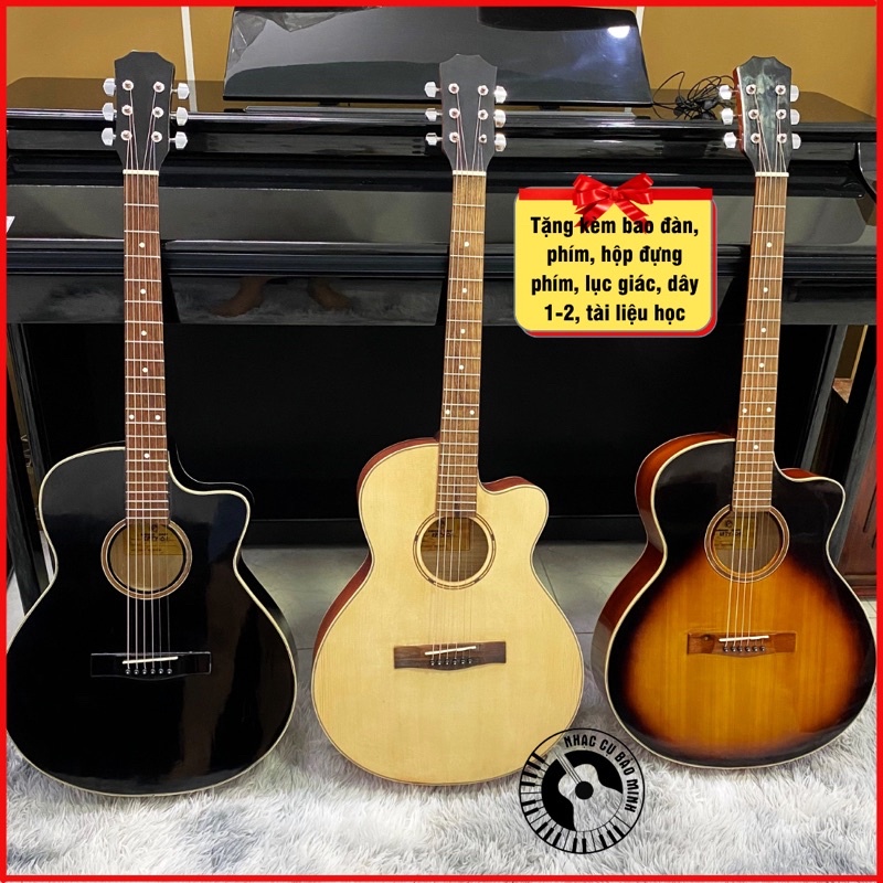 Đàn Guitar acoustic mặt gỗ, có ty chỉnh cong cần, tặng kèm 7 món phụ kiện
