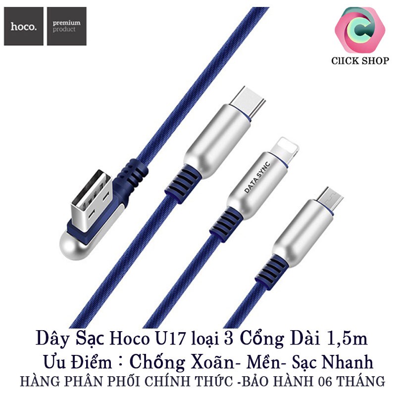 Cáp Sạc Hoco U17 có 3 loại 1 đầu iphone 2 đầu micro và iphone 3 đầu Capsule Iphone - Micro usb - Type C Dài 1.5M dây dù