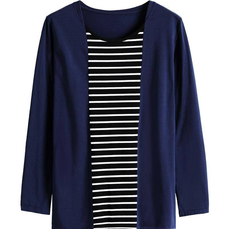 Áo Thun Tay Dài Plus Size Họa Tiết Kẻ Sọc Dành Cho Phụ Nữ Trung Niên