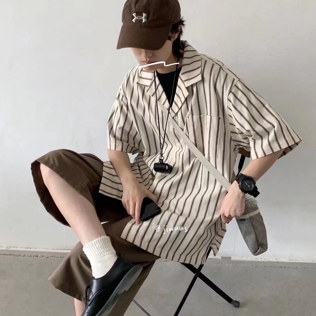 áo sơ mi tay ngắn họa tiết sọc thời trang phong cách hàn năng động cho nam hàn quốc áo kiểu nam retro simple fashion áo nam đẹp áo sơ mi nam ngắn tay sọc