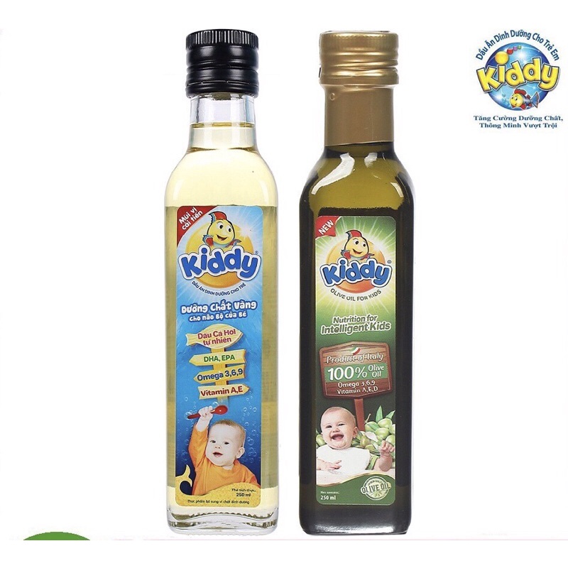 Dầu ăn Kiddy cá hồi 250ml + dầu oliu 250ml, dưỡng chất vàng cho não bộ.