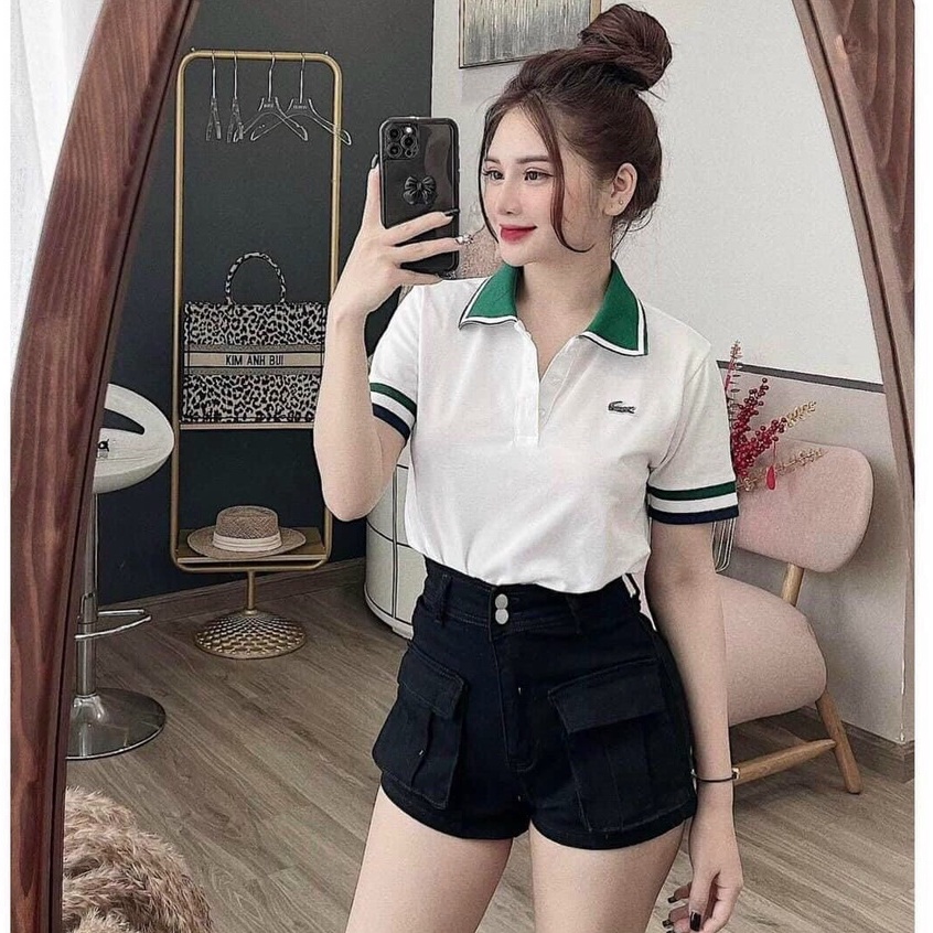 Áo polo nữ trắng cổ xanh, áo thun nữ polo phối cổ năng động