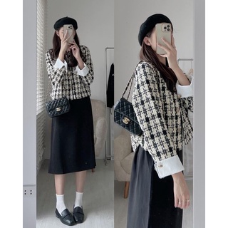 K650 Áo khoác dạ tweed phối tay họa tiết houndstooth AUDREY