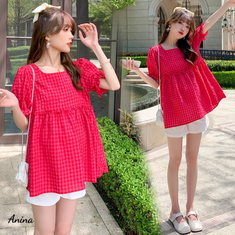 Áo bầu  dáng babydoll họa tiết kẻ hồng A25  phối dây nơ phía sau lưng siêu đẹp